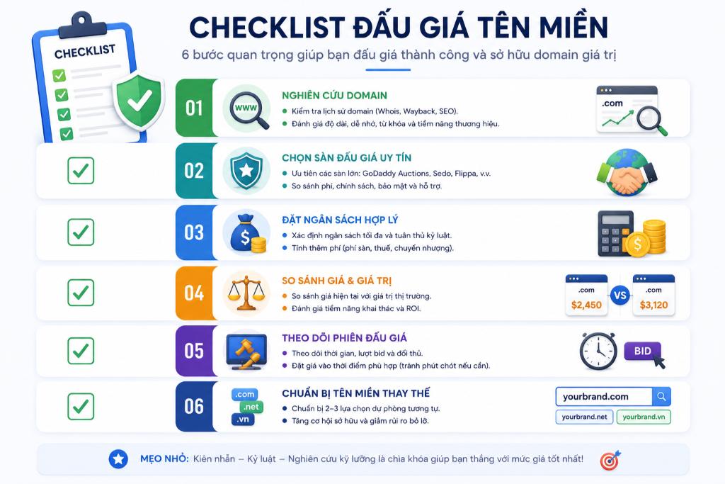 Checklist 6 bước quan trọng giúp bạn chuẩn bị kỹ lưỡng về thông tin và ngân sách để tham gia đấu giá tên miền thành công.