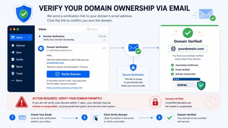 Xác thực thông tin sở hữu qua email ngay sau khi đăng ký để bảo vệ quyền sở hữu và tránh rủi ro tên miền bị khóa.