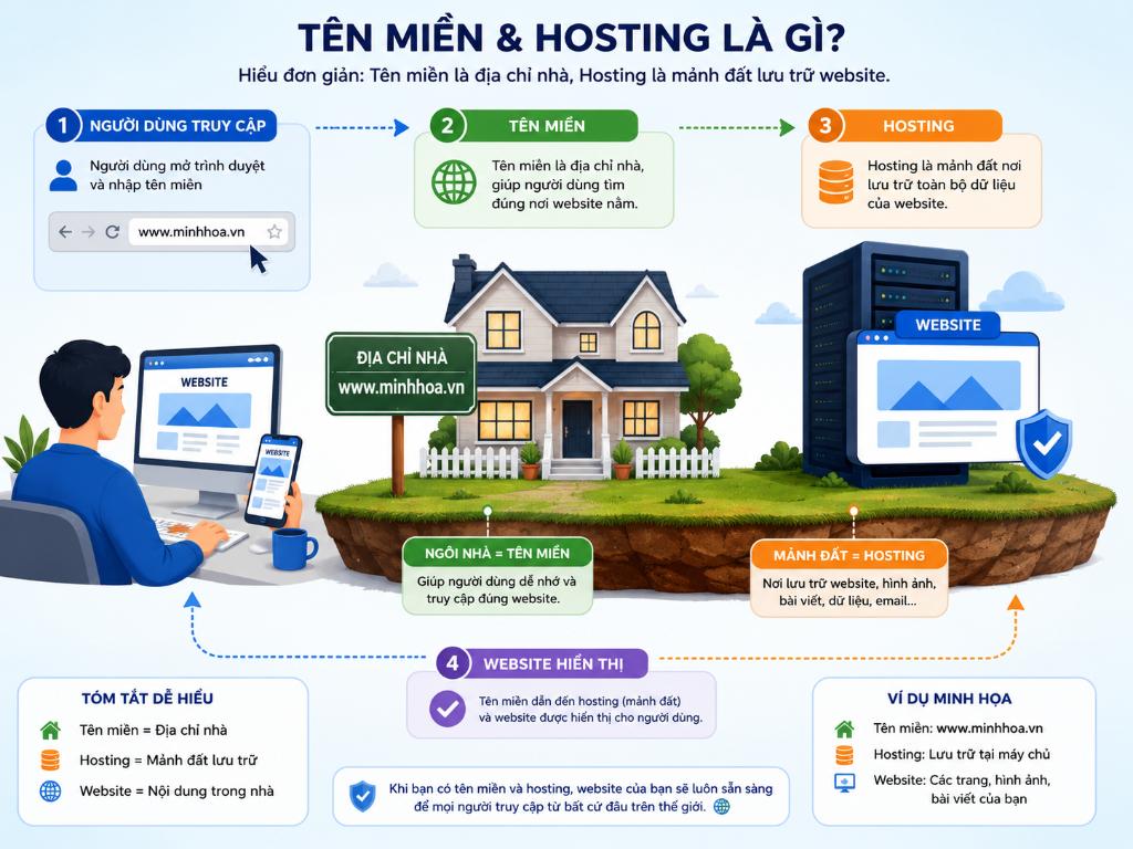 Hiểu một cách đơn giản: Tên miền đóng vai trò là "địa chỉ nhà", còn Hosting chính là "mảnh đất" nơi lưu trữ toàn bộ dữ liệu website của bạn