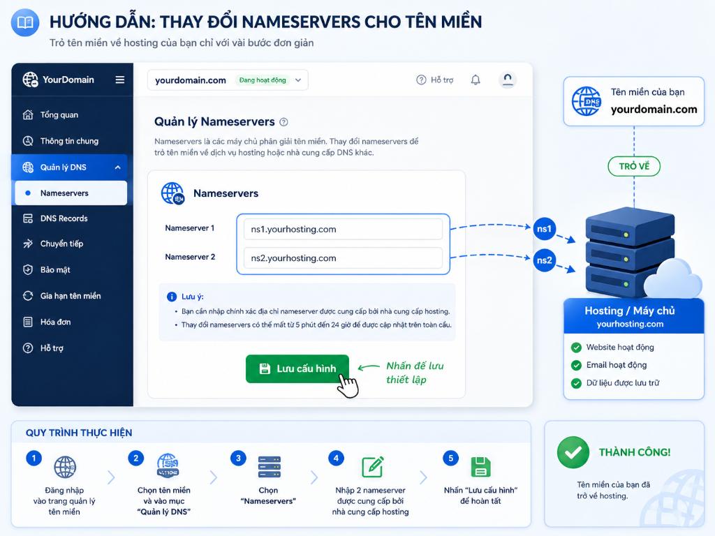 Chỉ với vài thao tác thay đổi Nameservers đơn giản, tên miền của bạn đã được kết nối thành công về hosting.