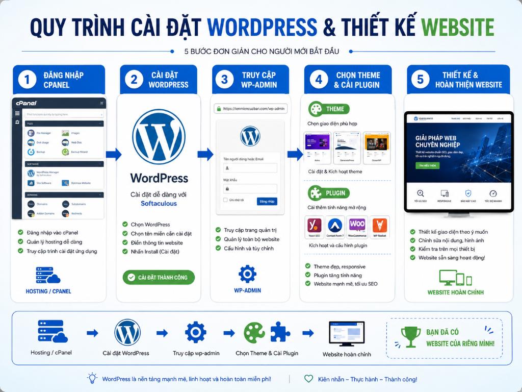 Quy trình 5 bước đơn giản để cài đặt WordPress, chọn giao diện và hoàn thiện một website chuyên nghiệp cho người mới bắt đầu.