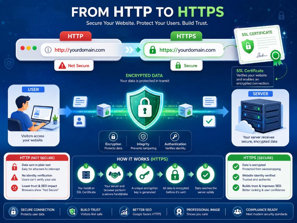 Kích hoạt chứng chỉ bảo mật SSL để chuyển sang HTTPS, giúp bảo vệ dữ liệu người dùng và nâng cao uy tín cho website đối với Google.