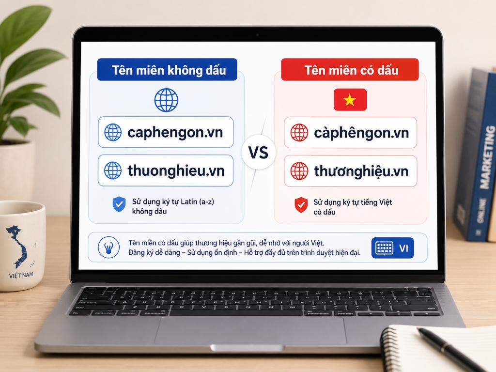 So sánh trực quan sự khác biệt giữa tên miền không dấu thông thường và tên miền tiếng Việt có dấu.