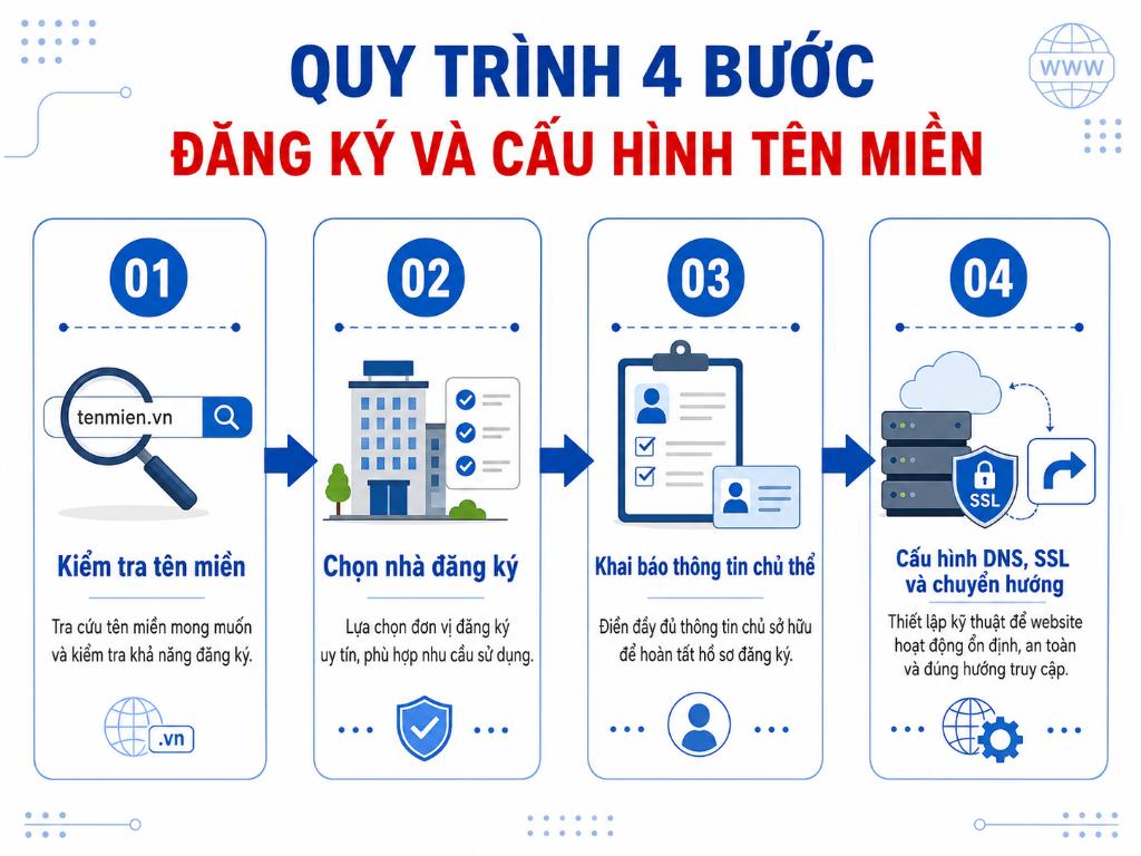 Quy trình 4 bước cơ bản để đăng ký và cấu hình tên miền có dấu hoạt động ổn định.