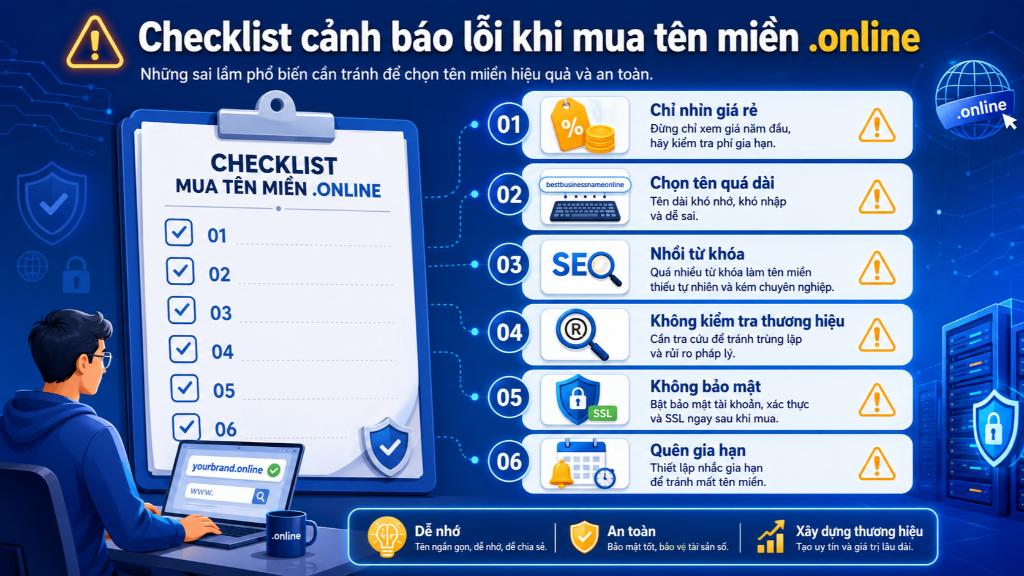 Đừng quên kiểm tra kỹ checklist này để tránh những sai lầm phổ biến như chọn tên quá dài, nhồi nhét từ khóa hay bỏ qua các cấu hình bảo mật sau khi mua.