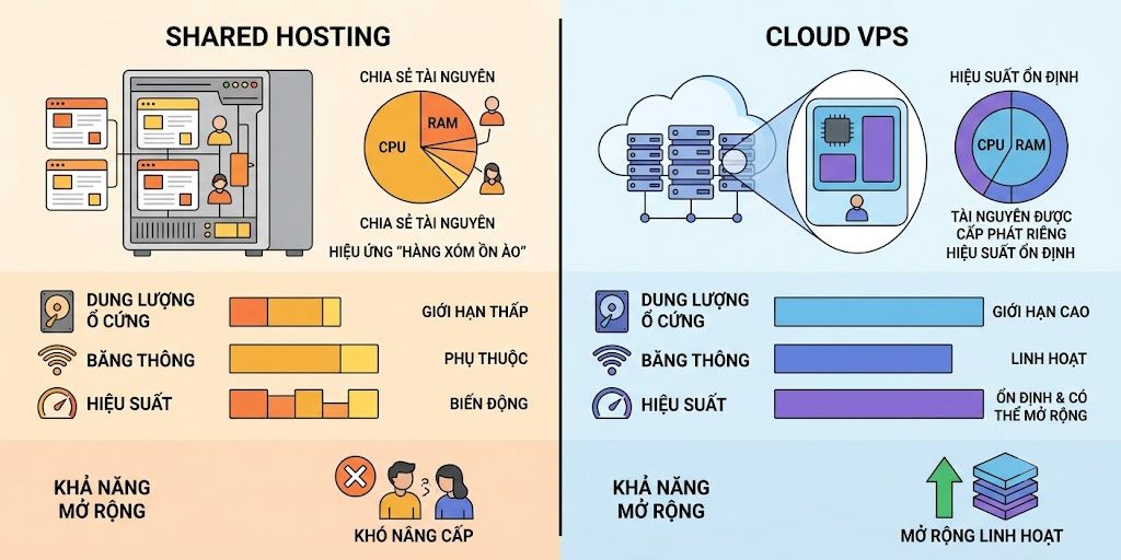 So sánh tài nguyên máy chủ ảo và hosting