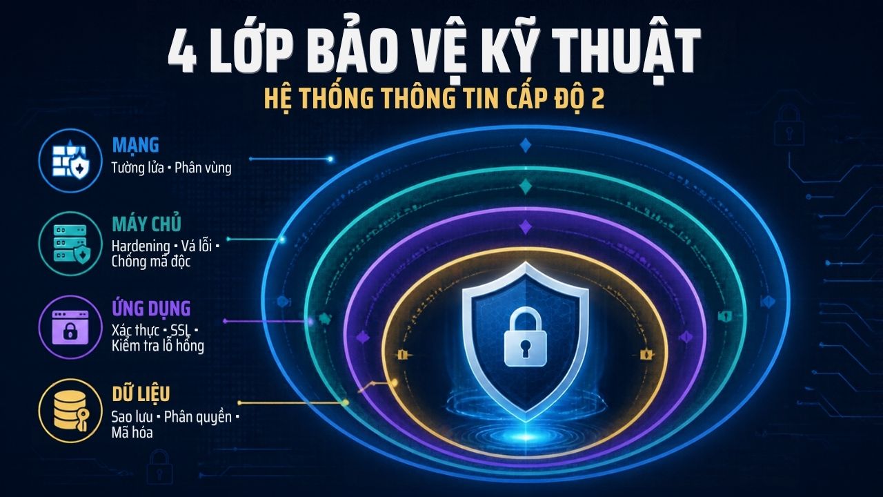 4 lớp bảo vệ kỹ thuật cho hệ thống thông tin cấp độ 2: mạng, máy chủ, ứng dụng, dữ liệu