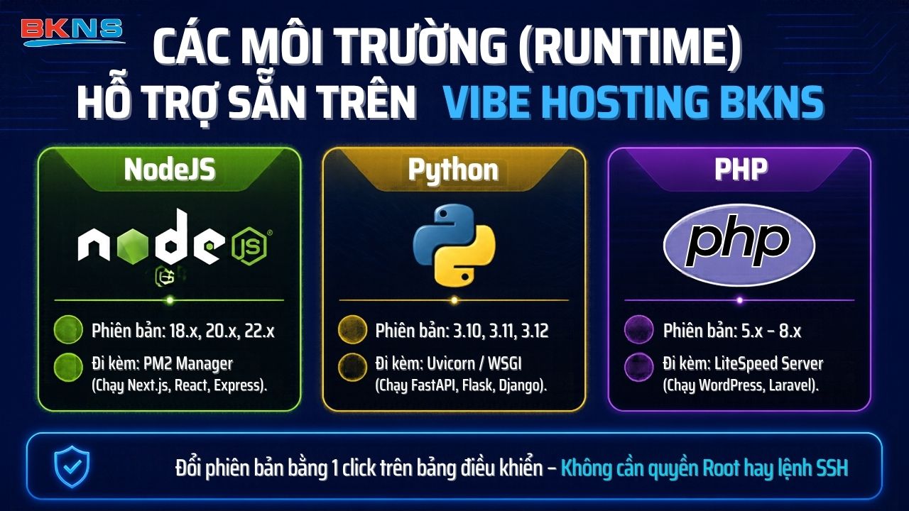 CÁC MÔI TRƯỜNG (RUNTIME) HỖ TRỢ SẴN TRÊN VIBE HOSTING BKNS